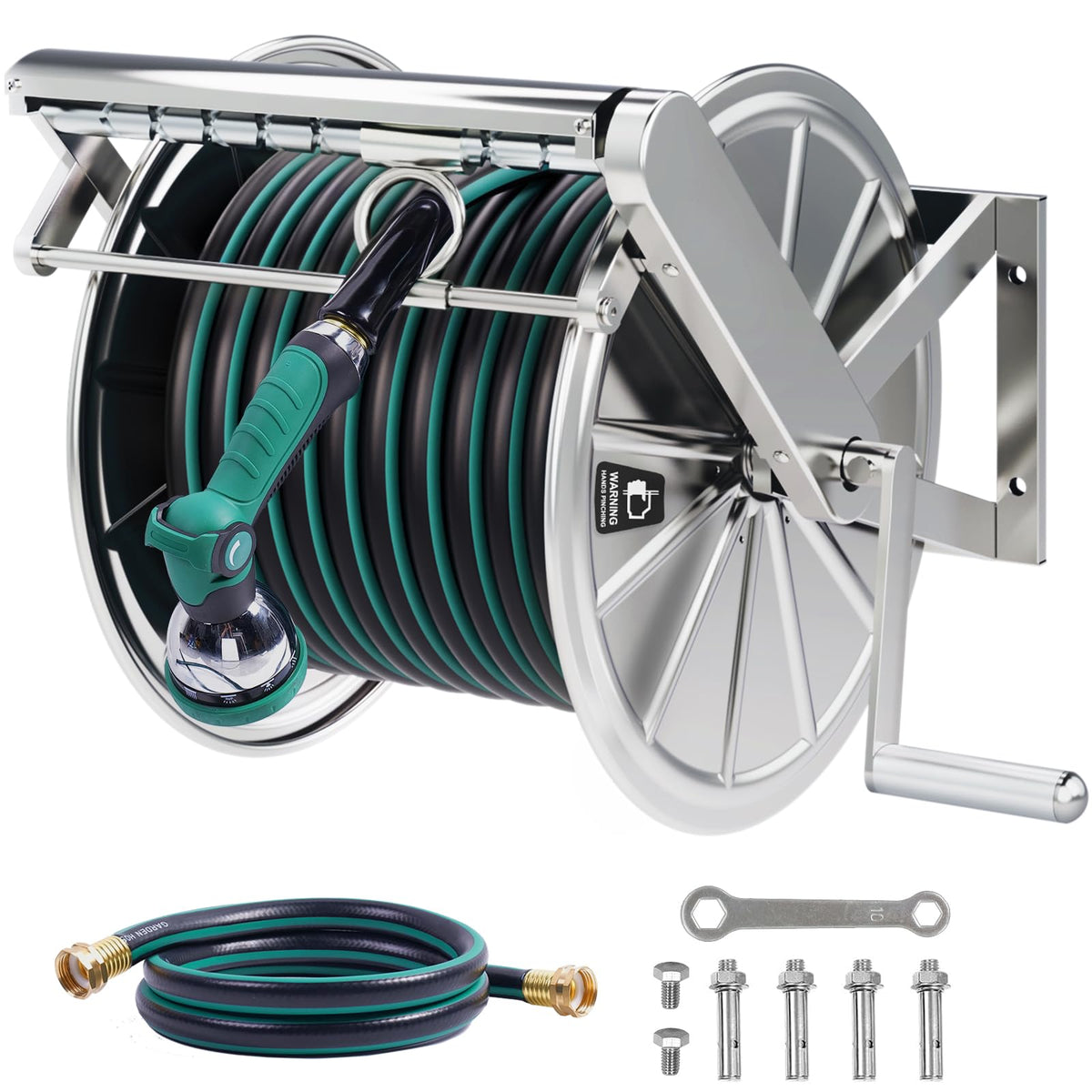 Hubiiett front view stainless steel reel showing durable frame and neat hose storage