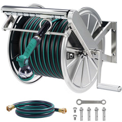 Hubiiett front view stainless steel reel showing durable frame and neat hose storage