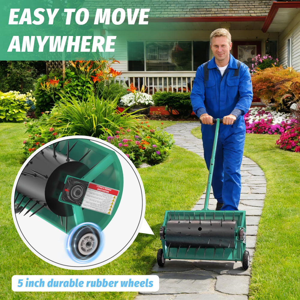 Hubiiett aerator being pulled across lawn, creating uniform holes and promoting root health
