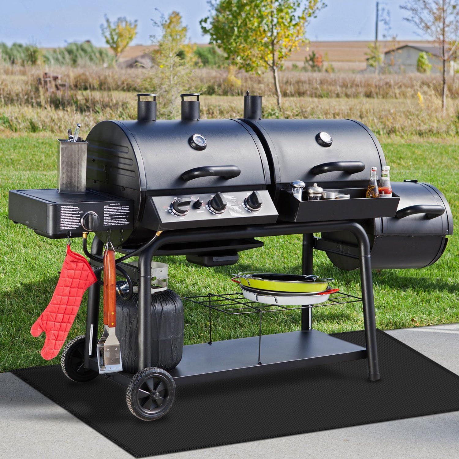 Huchiz mat on patio with grill and chairs demonstrating outdoor protection