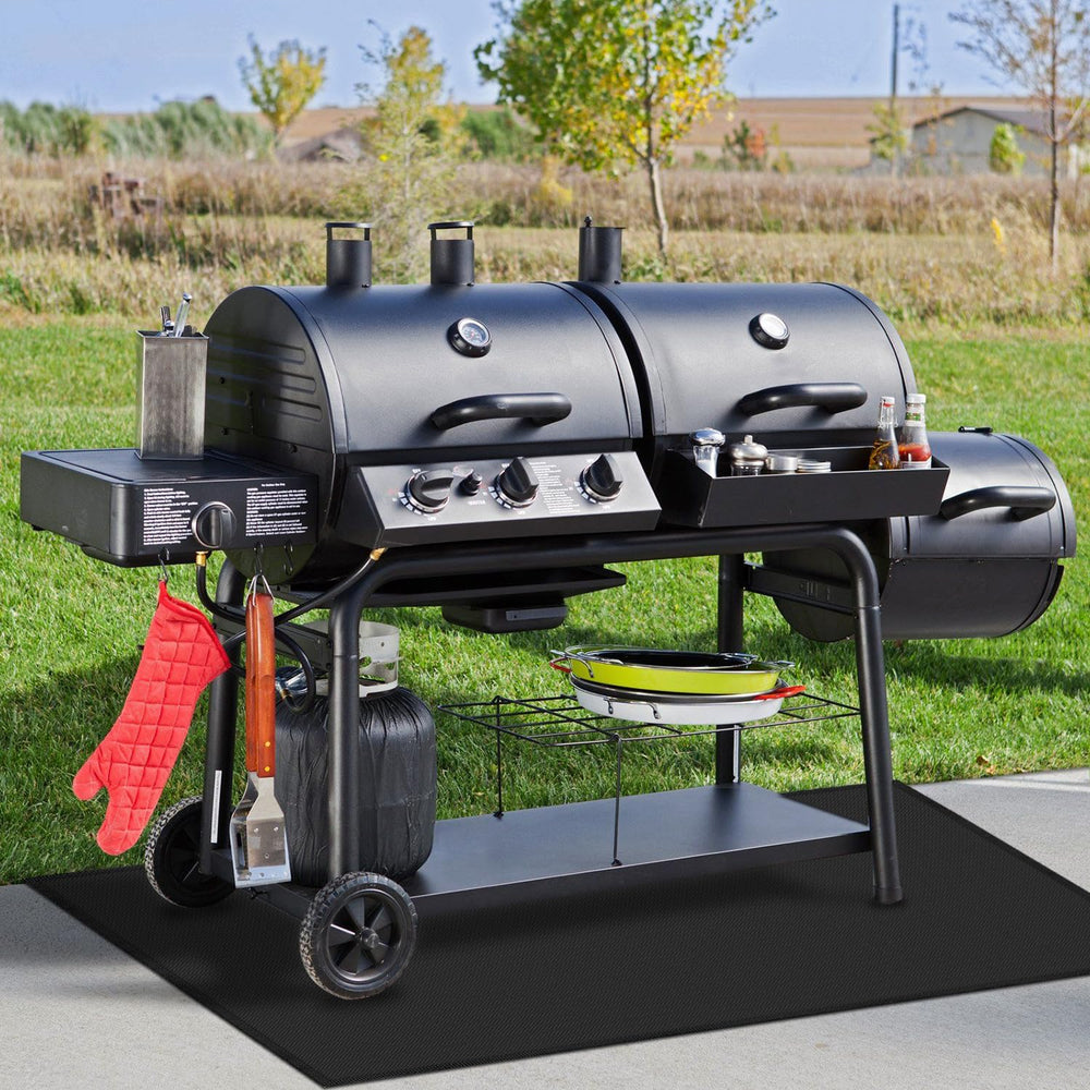 Huchiz mat on patio with grill and chairs demonstrating outdoor protection