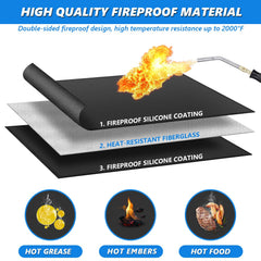 Huchiz mat under active grill catching embers and grease for safety