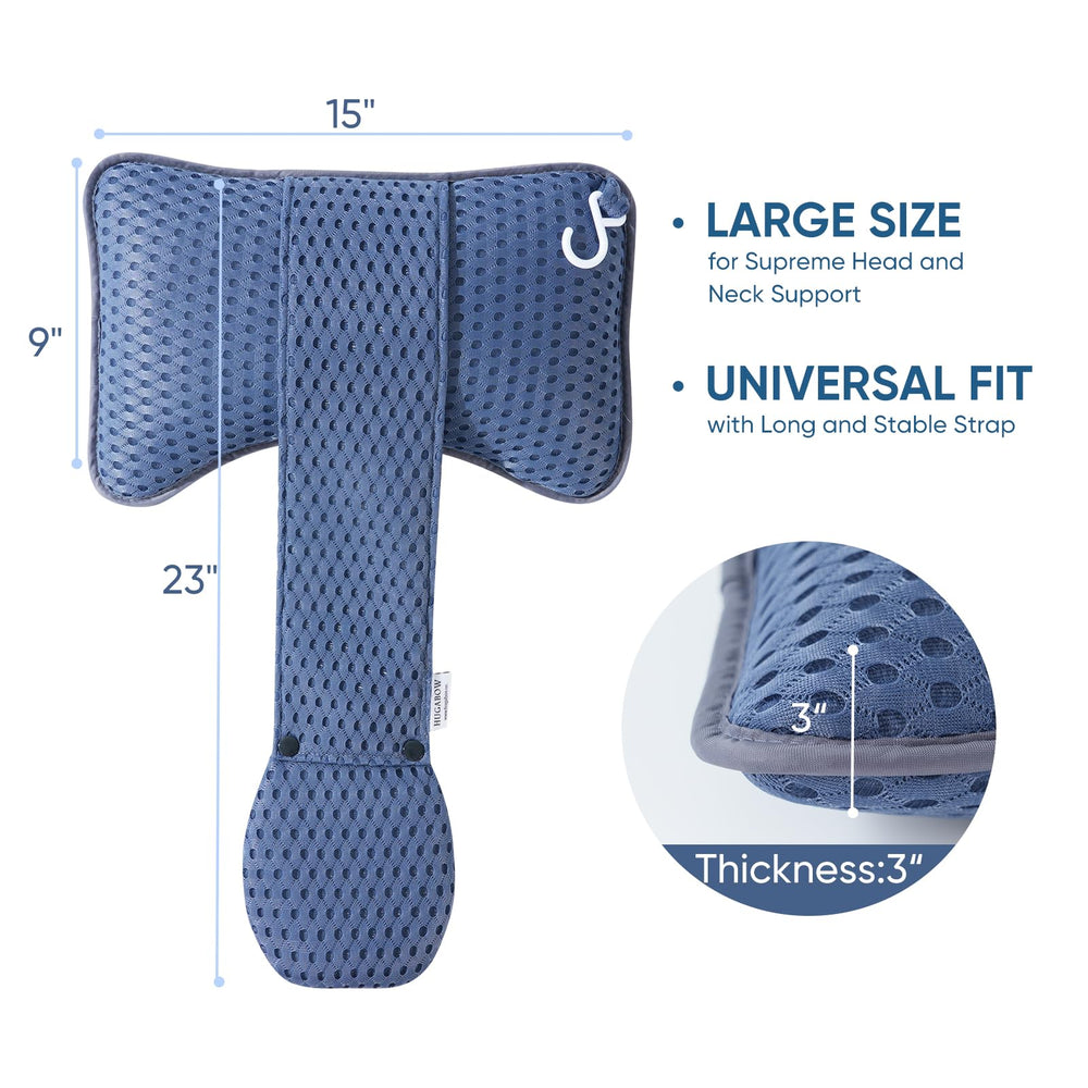 Hugabow pillow next to chaise lounge showing extra-large size and coverage