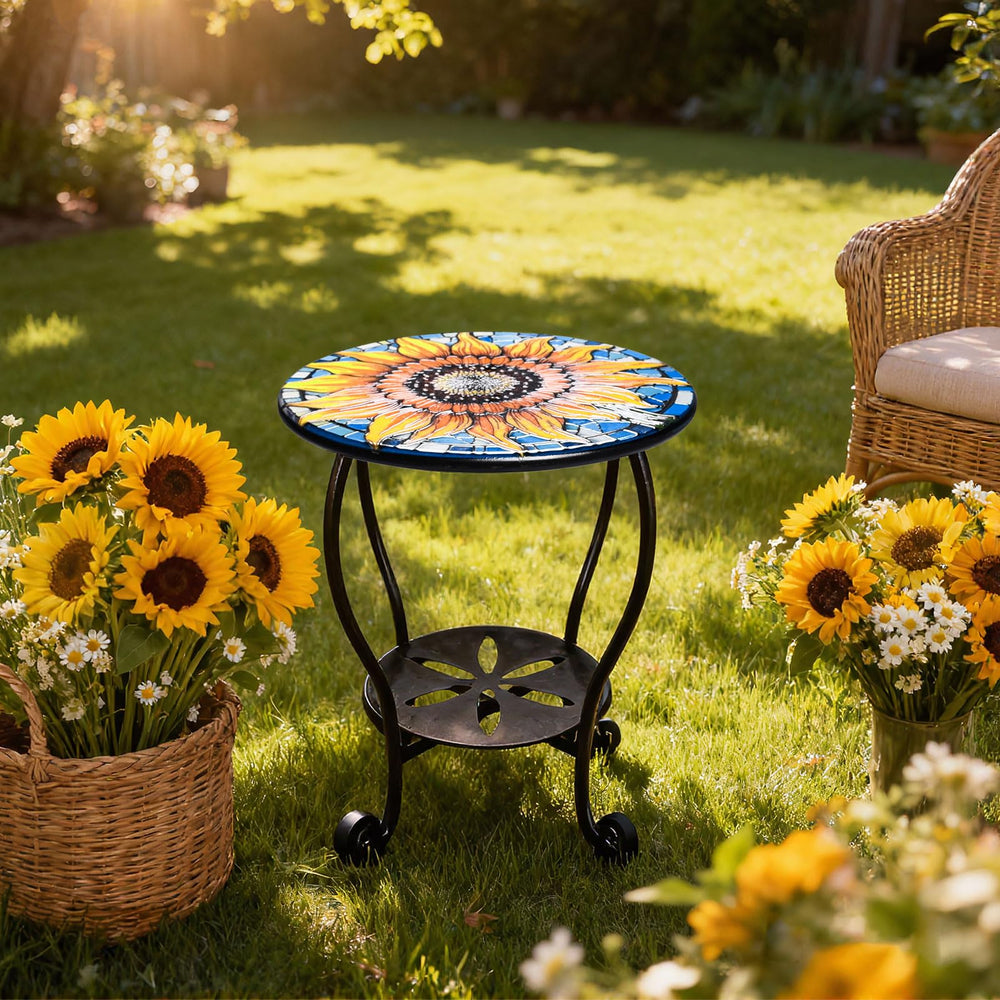 HugCoz sunflower table front view showing colorful mosaic and sturdy frame benefit of visual charm