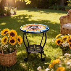 HugCoz sunflower table front view showing colorful mosaic and sturdy frame benefit of visual charm