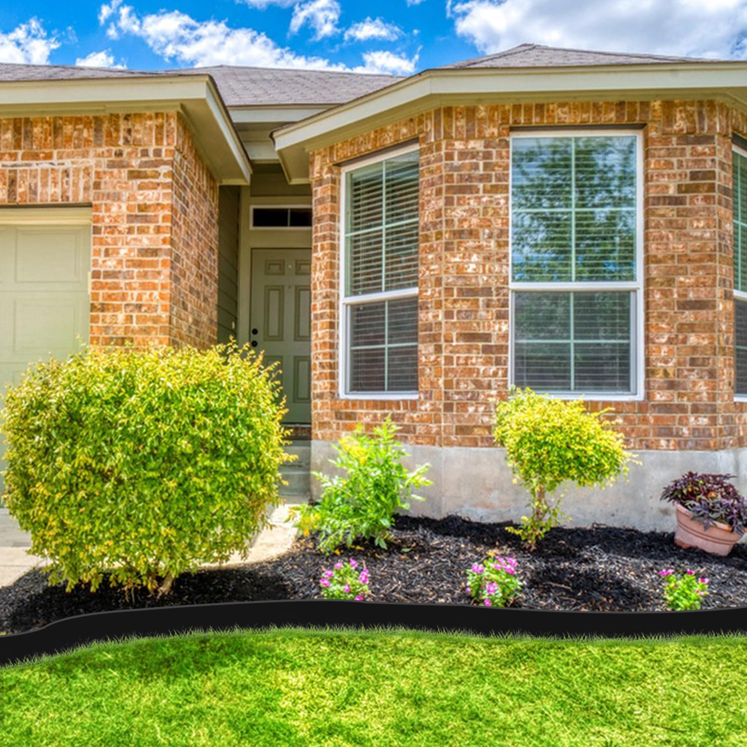 H HUGELEAF backyard scene with edging defining lawn and beds for polished landscape look