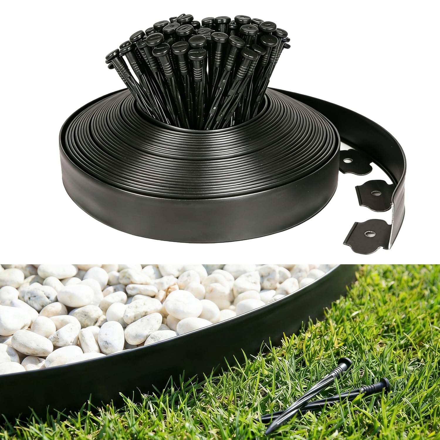 HUGELEAF front view of 60ft edging kit showing tidy packaging and contents benefit