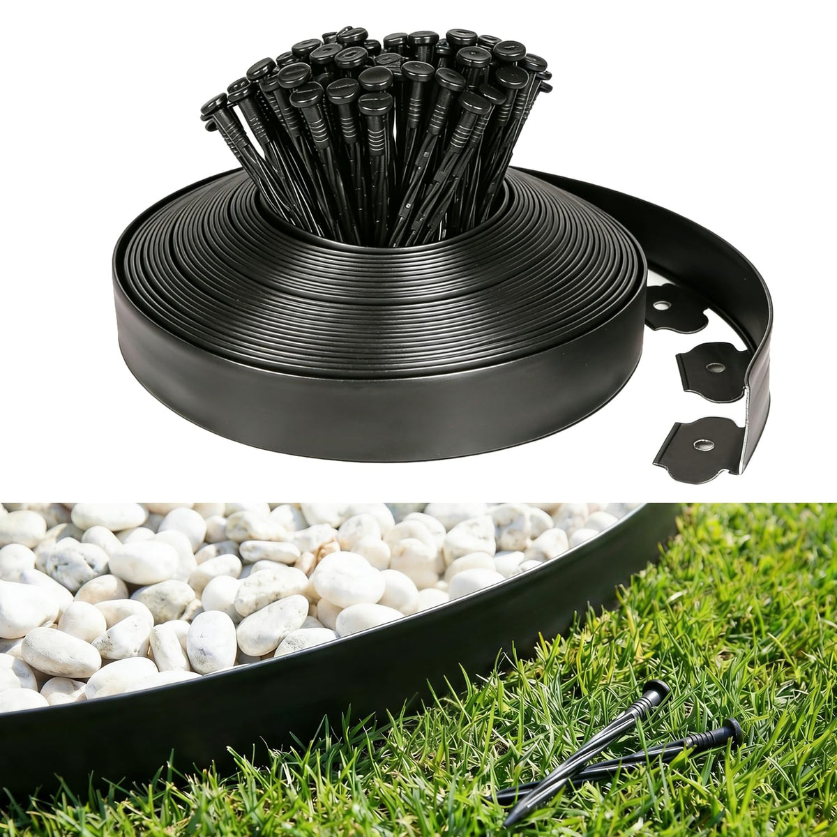 HUGELEAF front view of 60ft edging kit showing tidy packaging and contents benefit