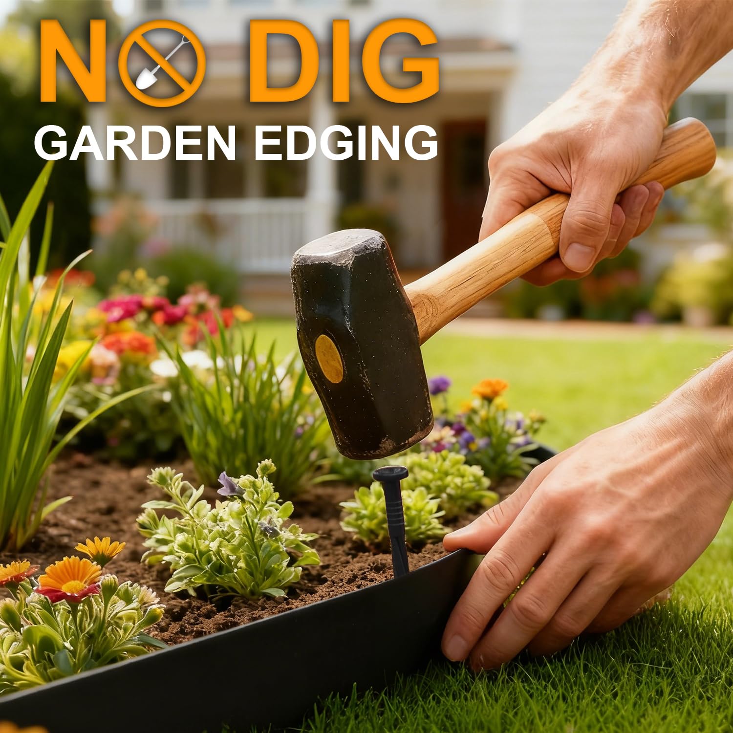 HUGELEAF installed edging along flower bed showing cleaner lawn and mulch containment