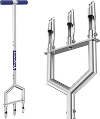 hugeneroy front view of blue steel aerator showing solid frame and three tines for durable performance