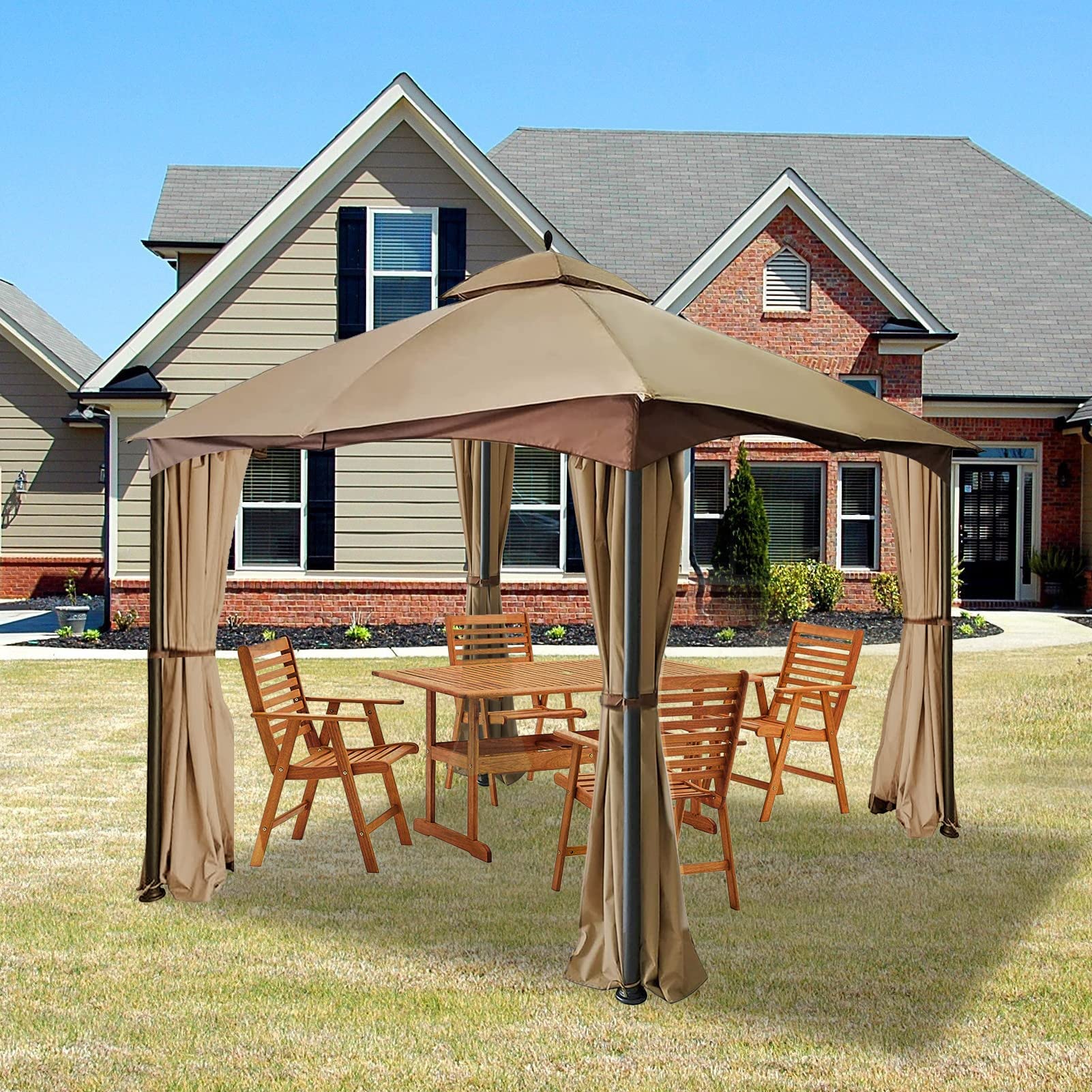 Hugline panel beside chair showing scale for 10 by 12 foot gazebos