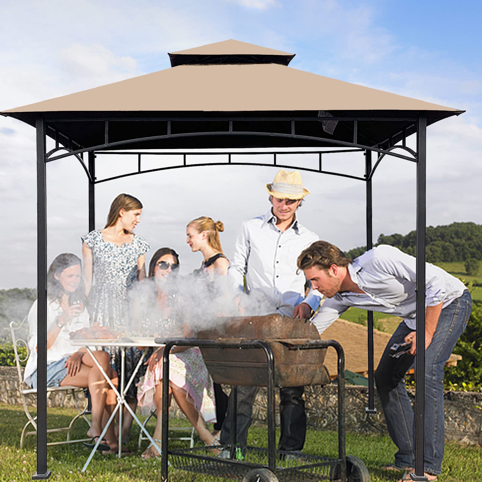 Hugline canopy size scale beside gazebo frame showing correct 5x8 fit