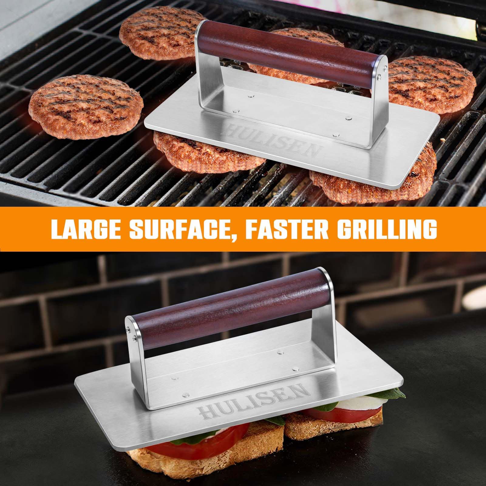 HULISEN press placed on griddle demonstrating stable contact for quicker searing