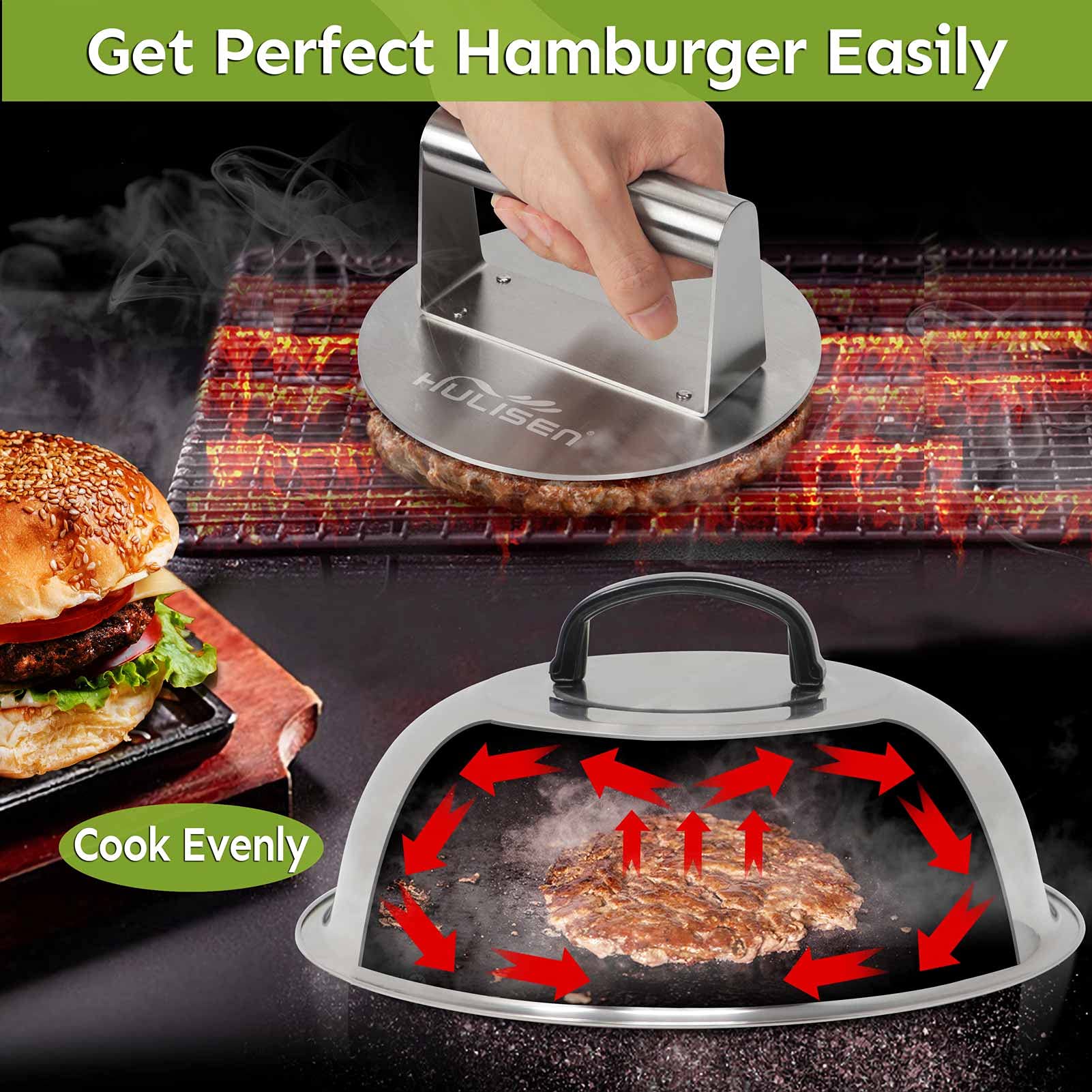 HULISEN basting dome side view with silicone handle concentrates heat to melt cheese