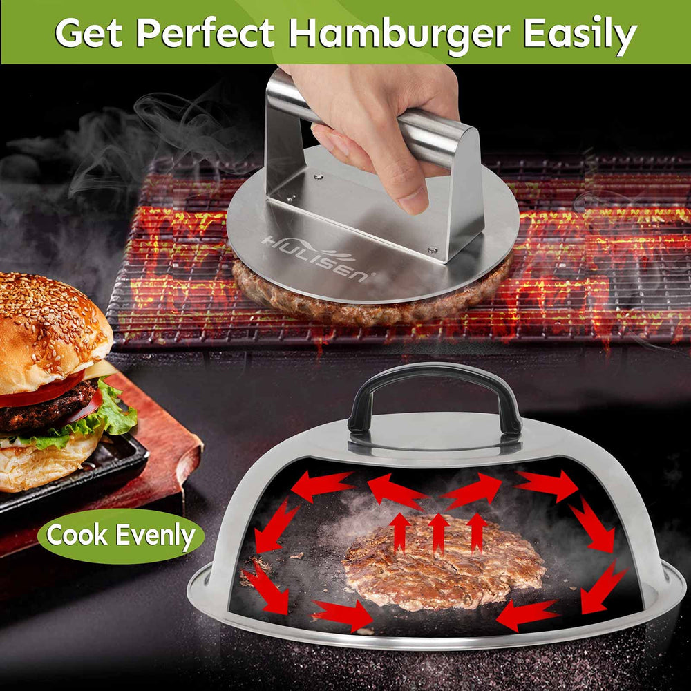 HULISEN basting dome side view with silicone handle concentrates heat to melt cheese