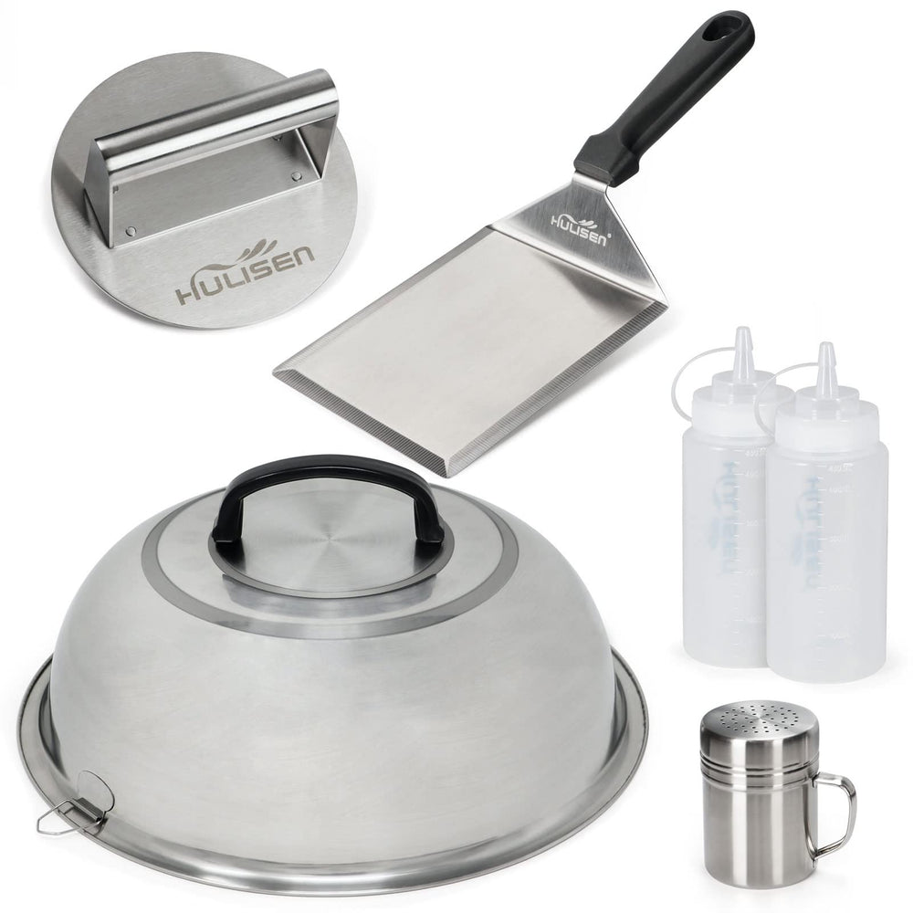 HULISEN kit front packaging showing all stainless tools and bottles for durable grilling