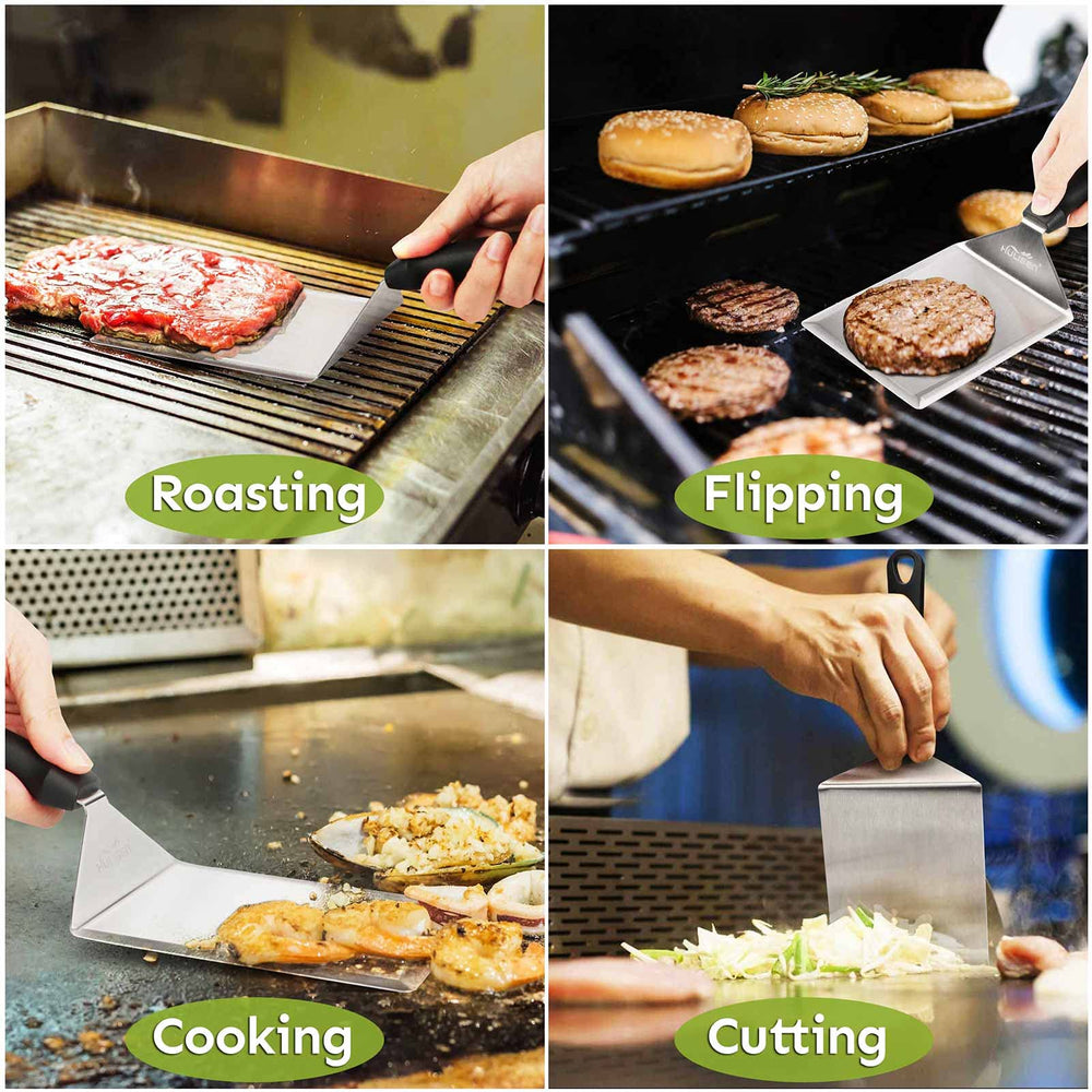 HULISEN griddle spatula closeup wide blade supports full burgers for easy flipping