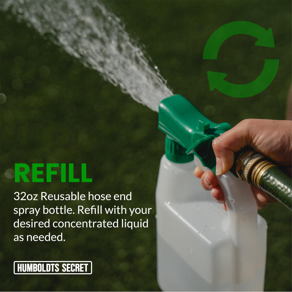 Humboldts Secret sprayer in garden use applying fertilizer evenly across lawn