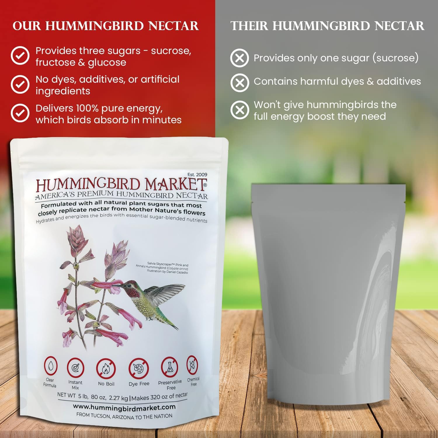 Hummingbird Market nectar in a feeder with hummingbird feeding, attracting birds