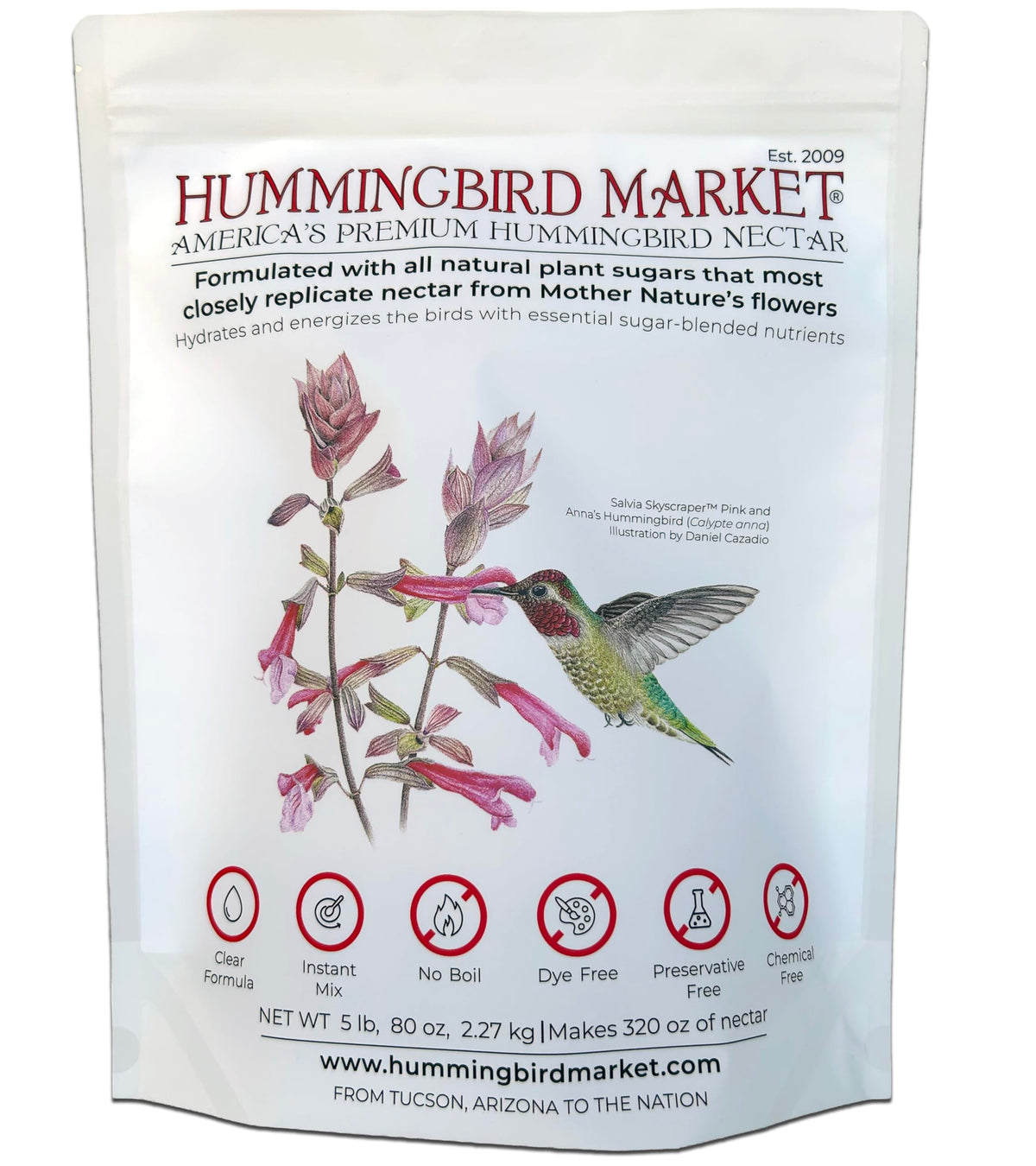 Hummingbird Market front pouch showing brand and resealable bag for freshness
