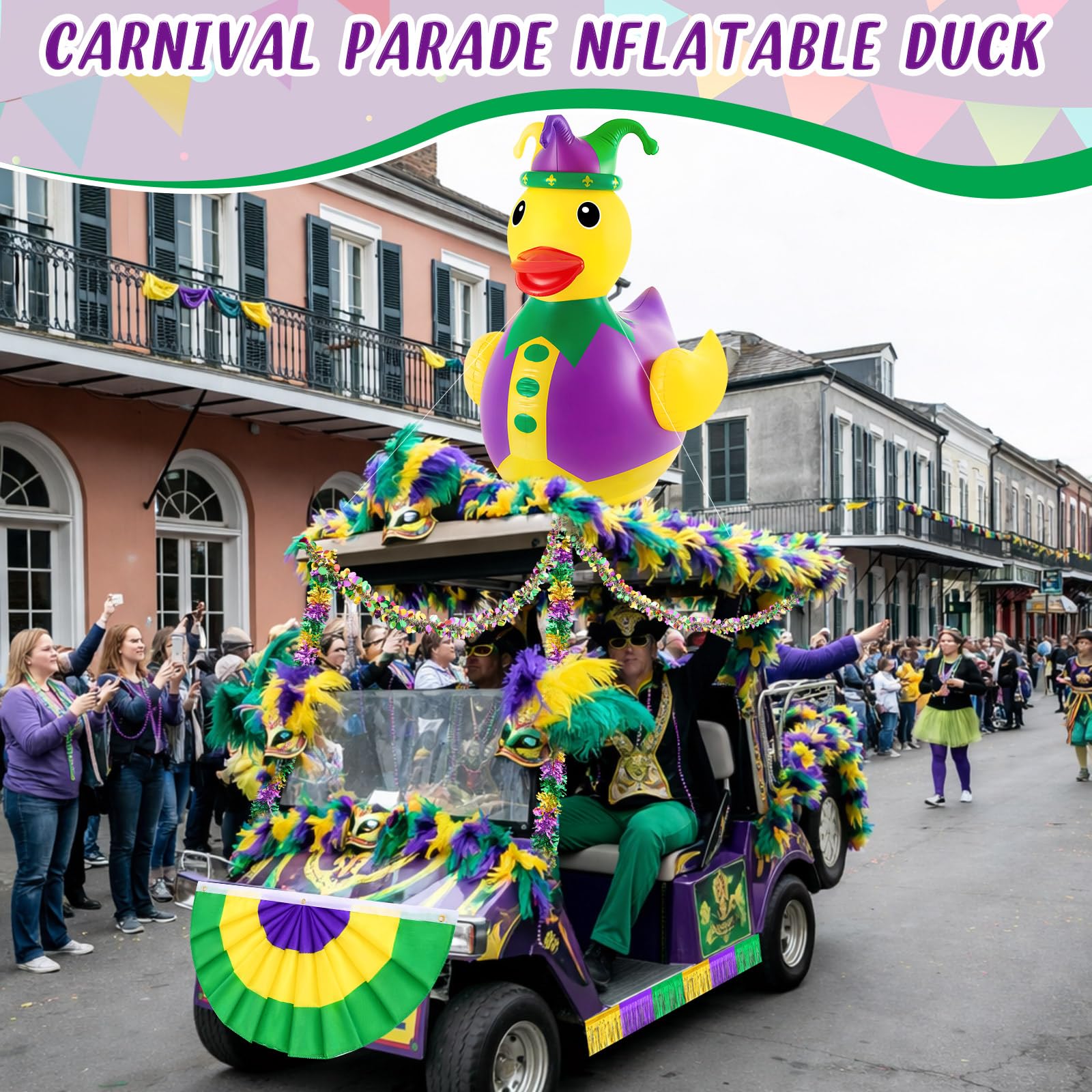 Hungdao inflatable duck secured on golf cart illustrating parade-ready visibility