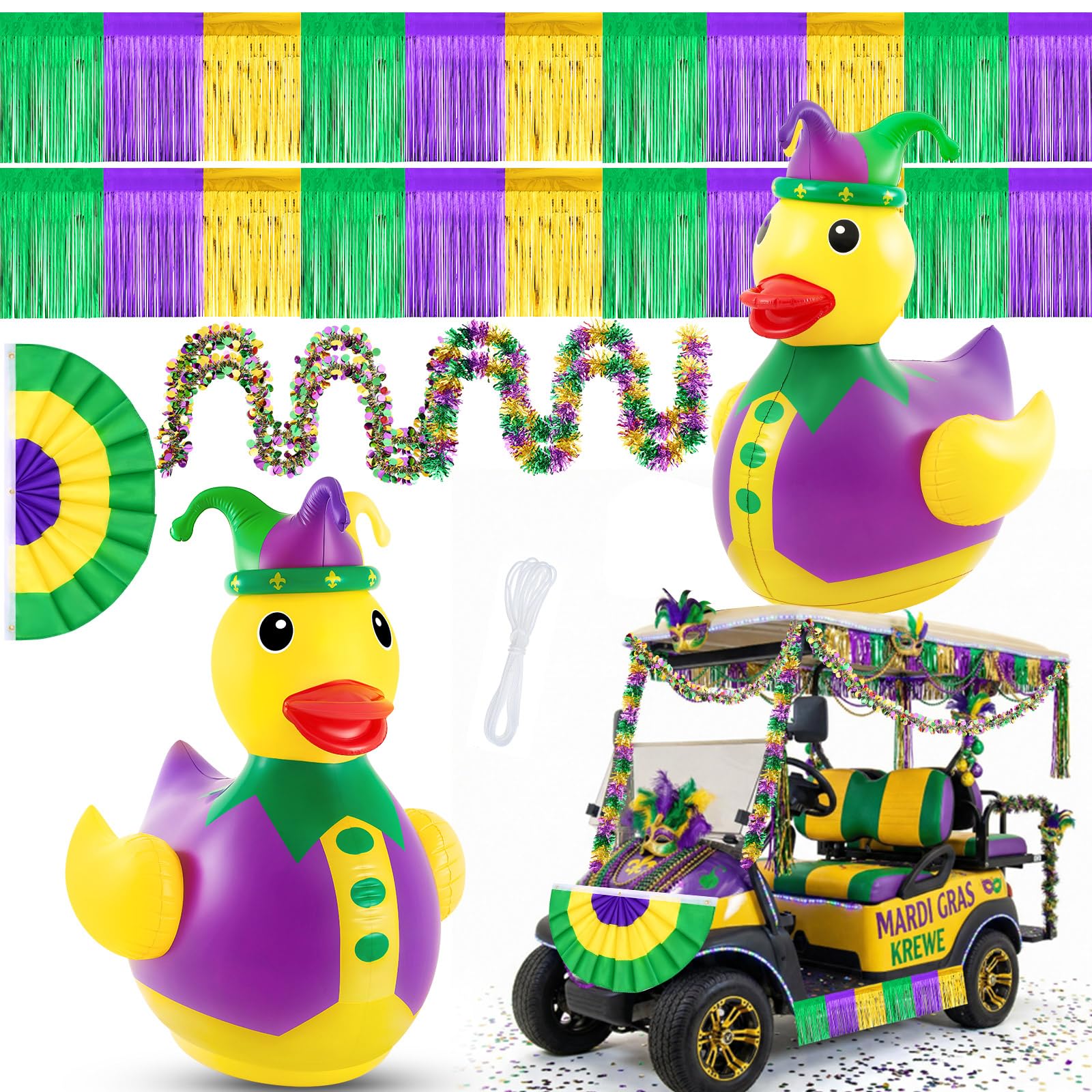 Hungdao inflatable duck front view showing bright jester design and easy setup benefit