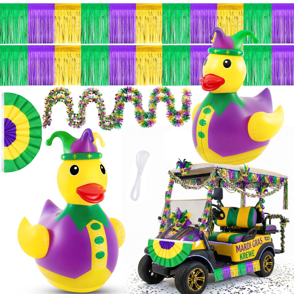 Hungdao inflatable duck front view showing bright jester design and easy setup benefit