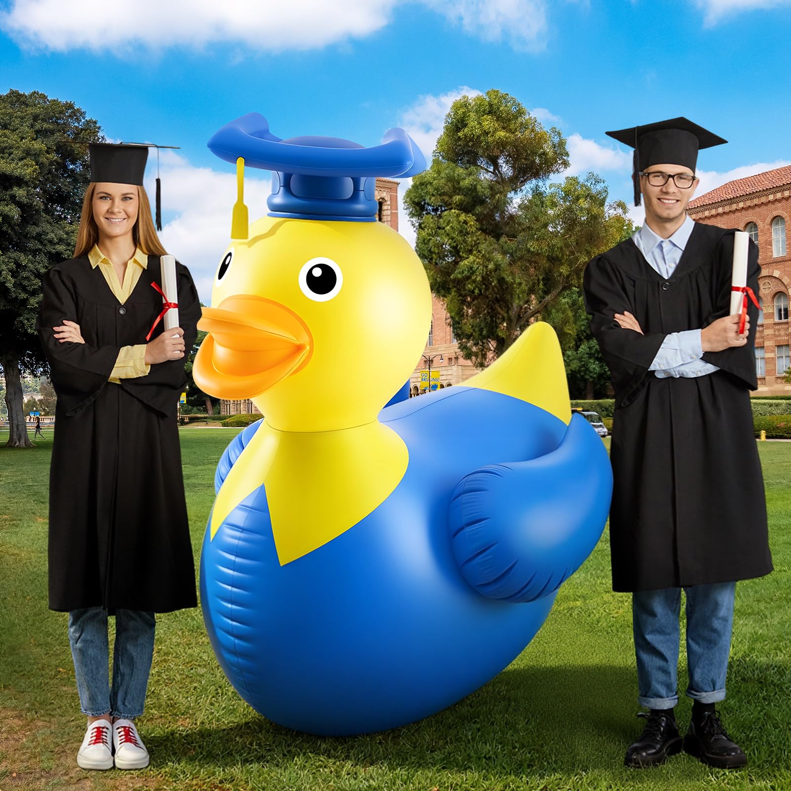 Hungdao giant duck front view shows graduation cap for fun photos