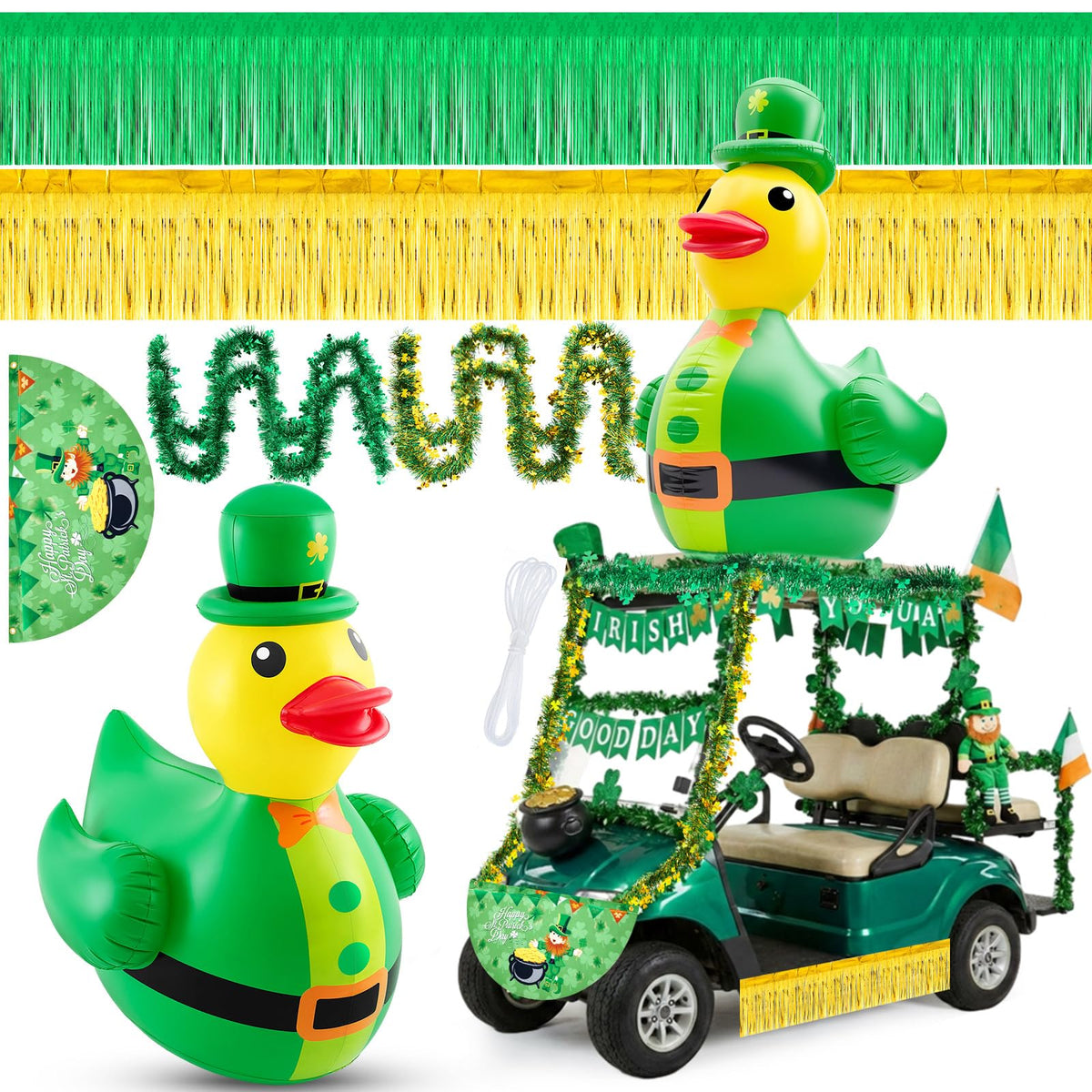 Hungdao inflatable duck front view showcasing bright shamrock design and visibility