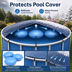 Hungdao inflated air pillow placed under pool cover showing reduced sagging benefit