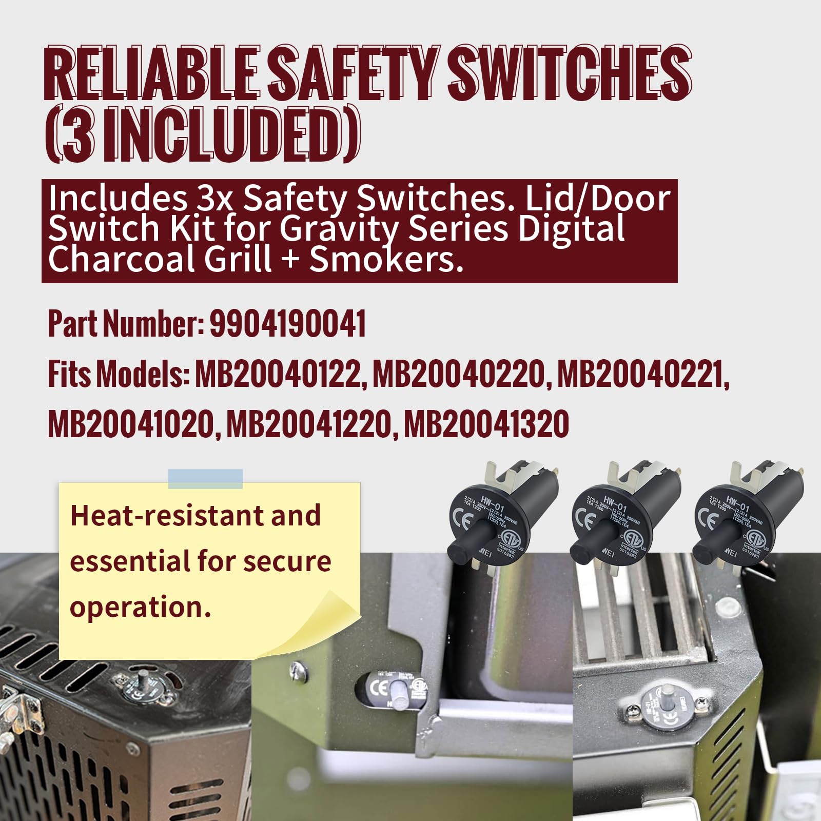 HunGrill three hopper lid door switches arranged, providing reliable safety switch replacement