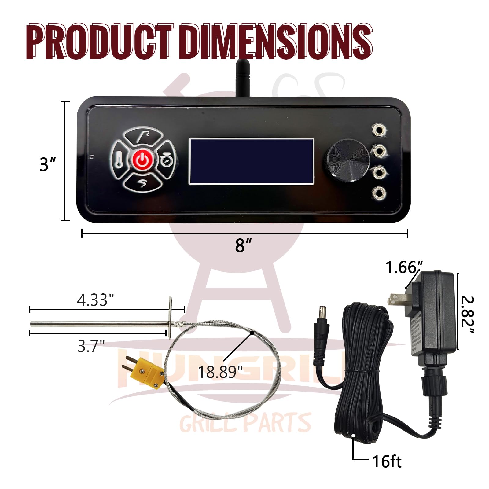 HunGrill kit packaging with controller, probe, and adapter laid out to show included components