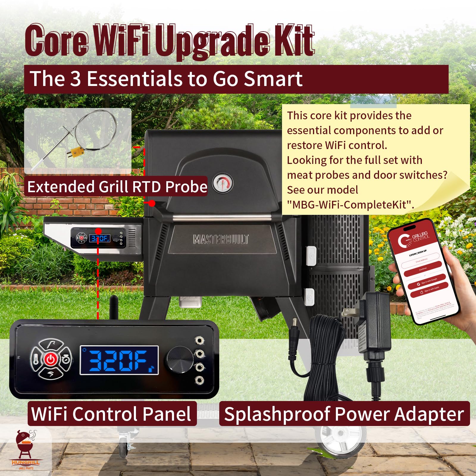 HunGrill power adapter cable detail highlighting IP44-rated connector and long 16ft reach