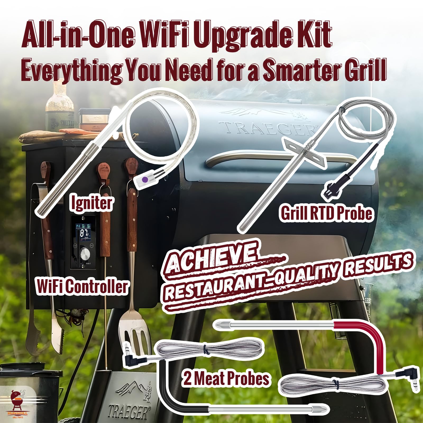 HunGrill size comparison with hand to show compact kit footprint and easy retrofit fit