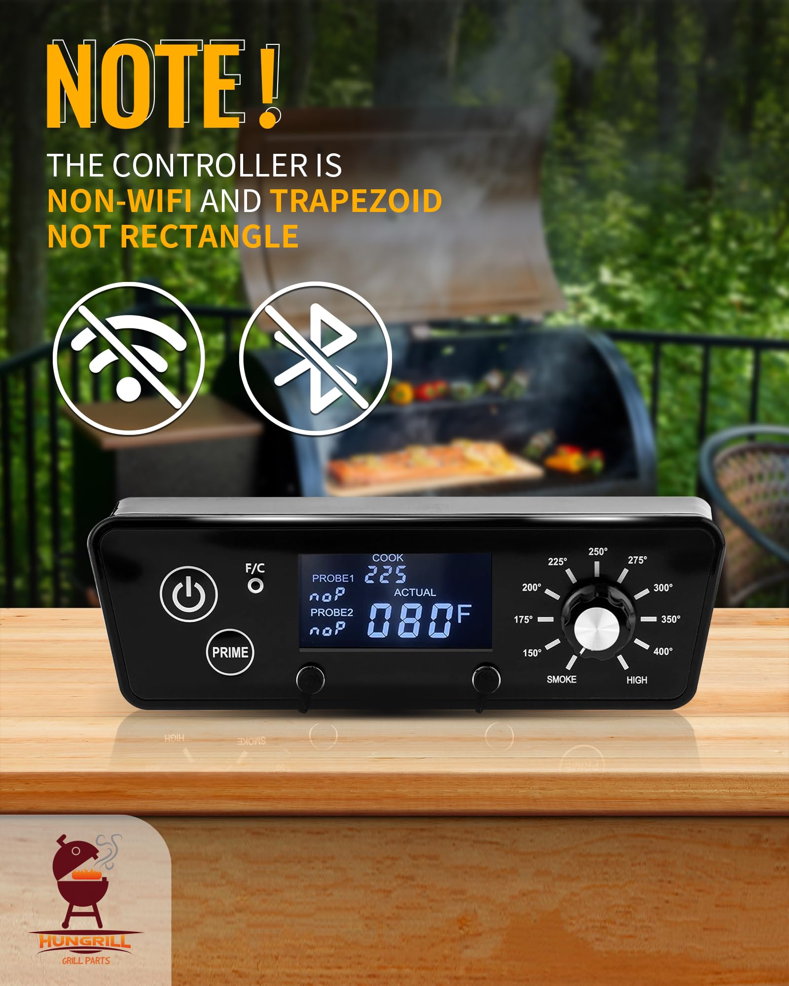 HunGrill controller beside a ruler for scale, confirming correct trapezoid replacement size