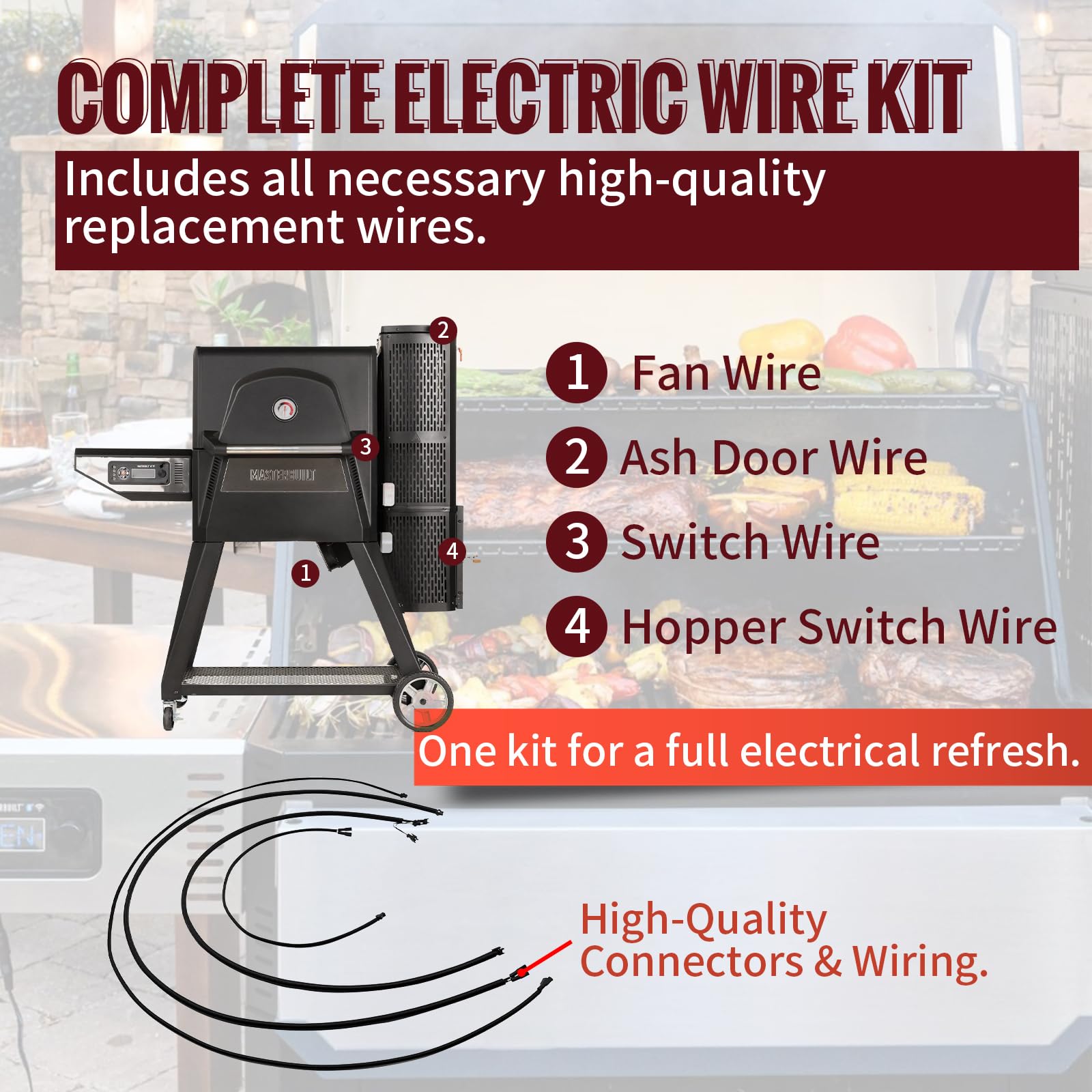 HunGrill wiring harnesses labeled for lid, ash, hopper and fan for plug-and-play installation