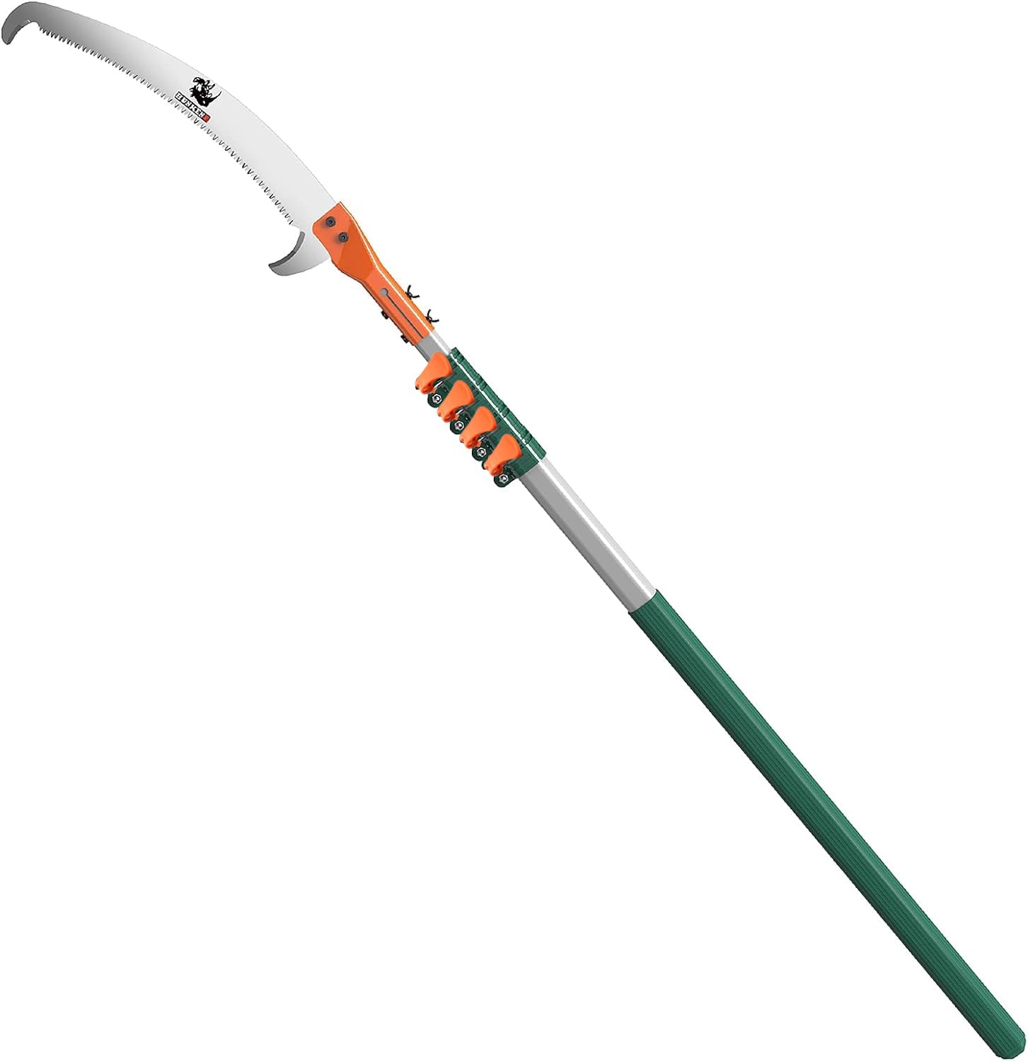 HUNKENR full-length pole pruner showing reach and compact storage benefit