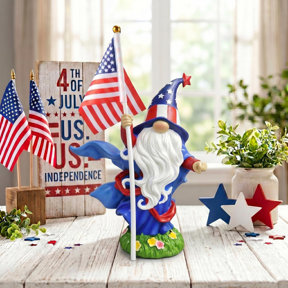 HUNKING gnome front view holding flag shows patriotic accent