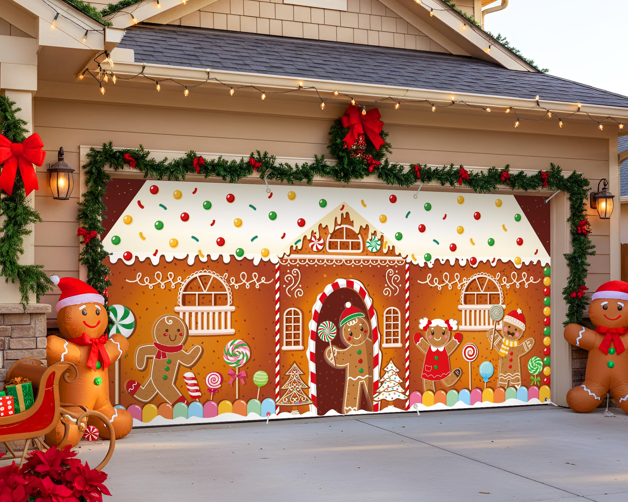 HunnmingRe banner installed with holiday lights creating festive nighttime curb appeal