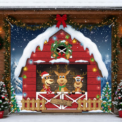 HunnmingRe front view of full garage banner showing festive reindeer scene and curb appeal