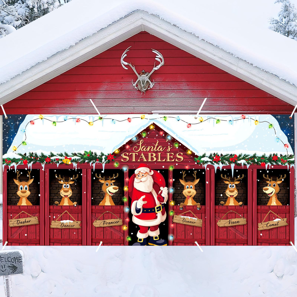 HunnmingRe full garage banner showing Santa and reindeer, creating instant curb appeal