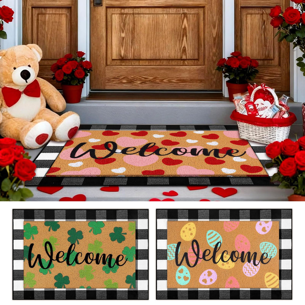 HunnmingRe front porch set styled with seasonal mats, enhances curb appeal