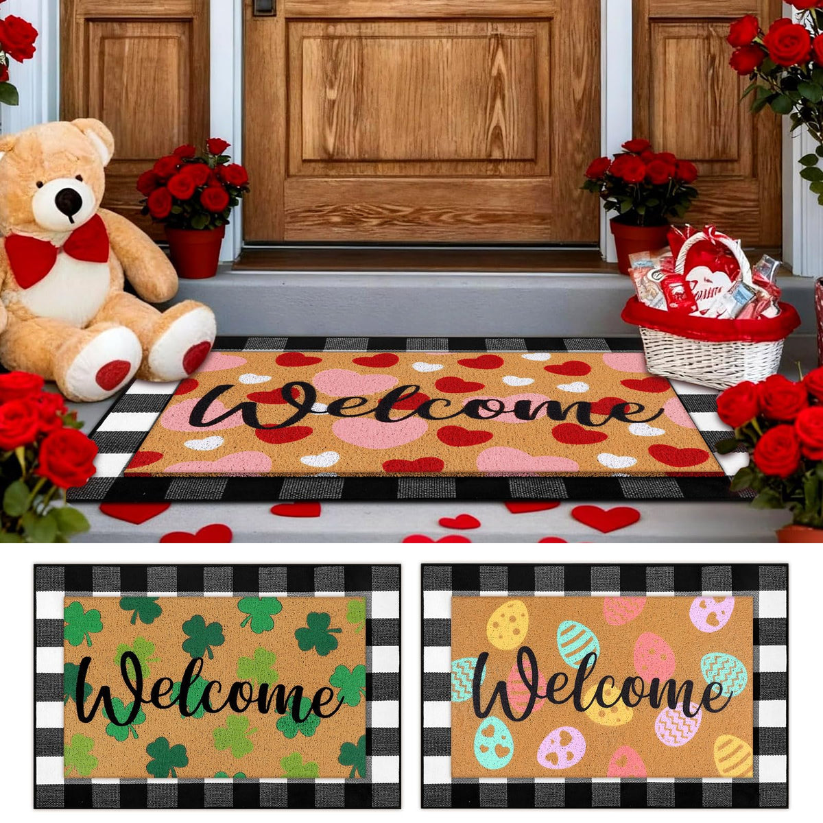 HunnmingRe front porch set styled with seasonal mats, enhances curb appeal