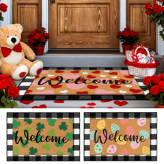 HunnmingRe front porch set styled with seasonal mats, enhances curb appeal