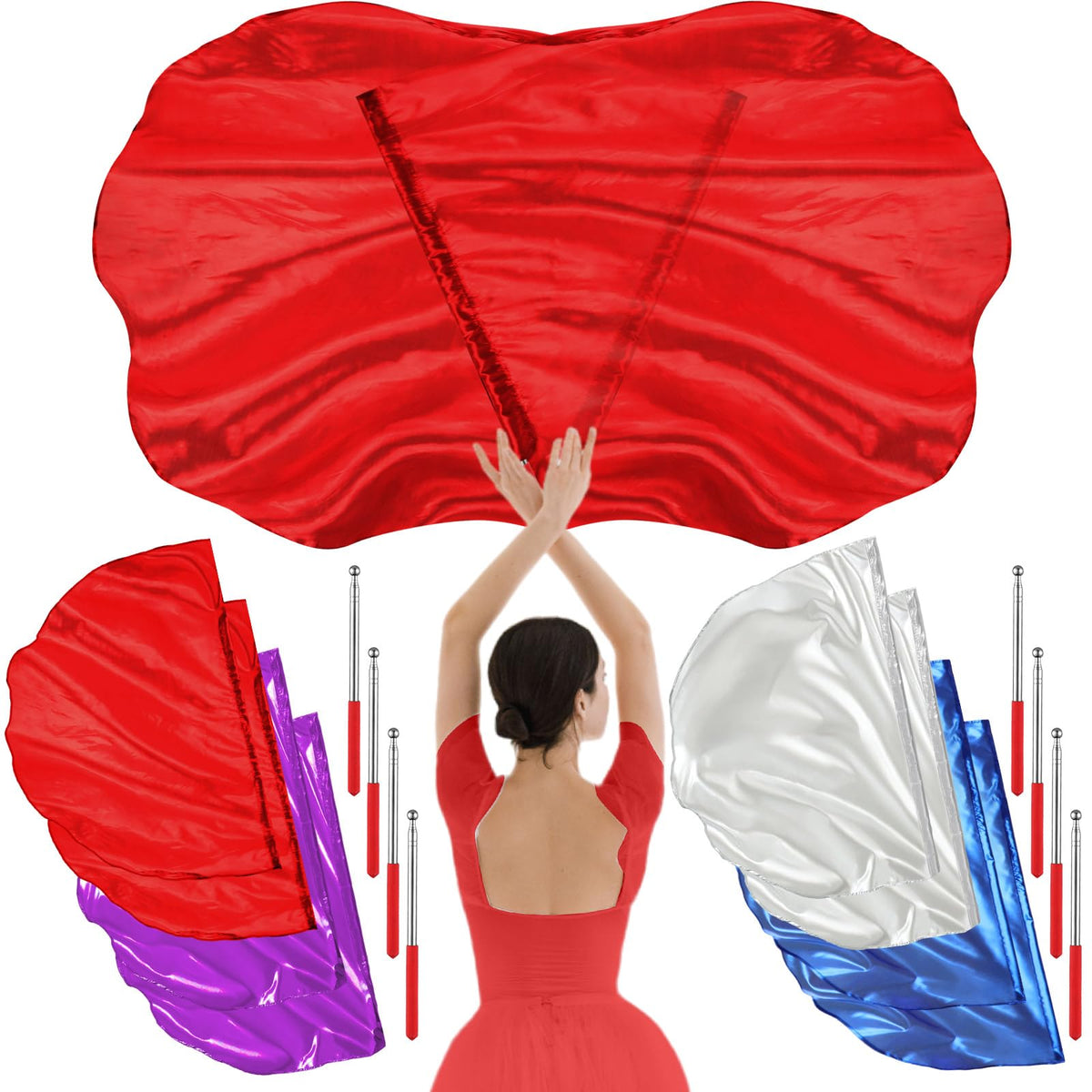 HunnmingRe front view of eight semicircle worship flags showing color variety and portability benefit