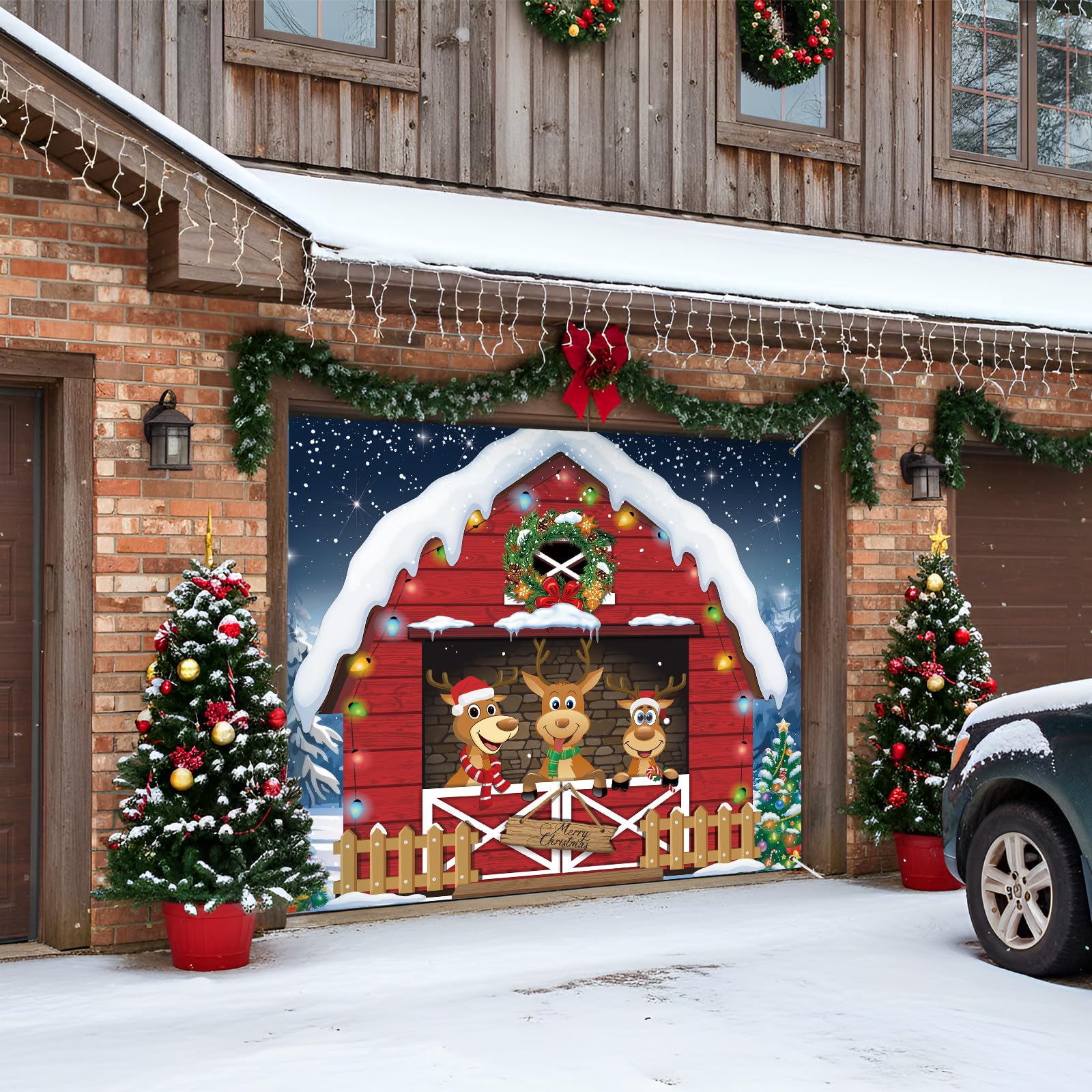 HunnmingRe banner installed on garage exterior creating instant festive facade for passersby