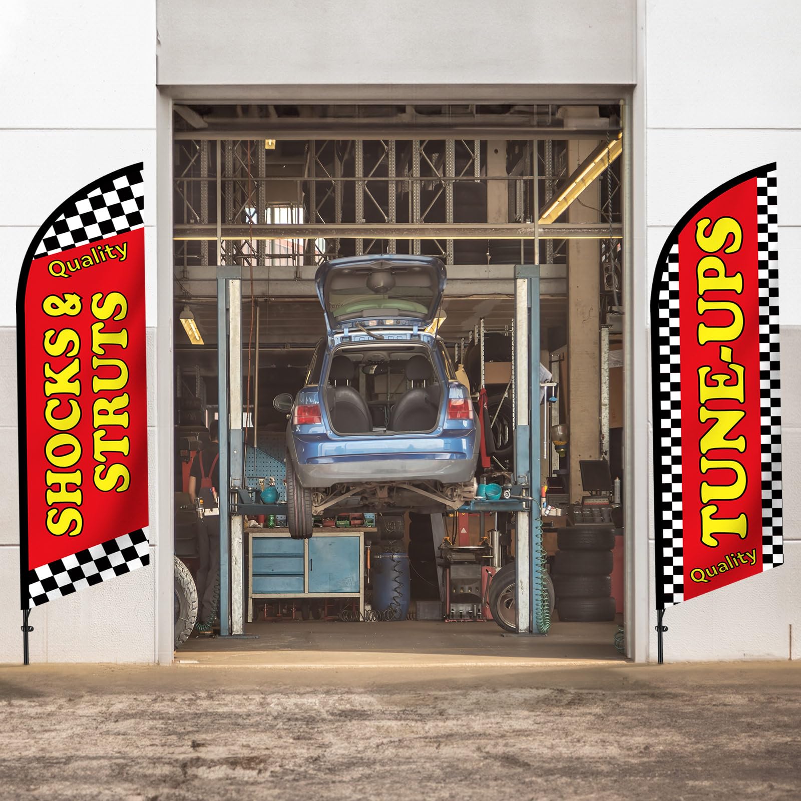 HunnmingRe mounted flags at shop entrance attracting passing customers