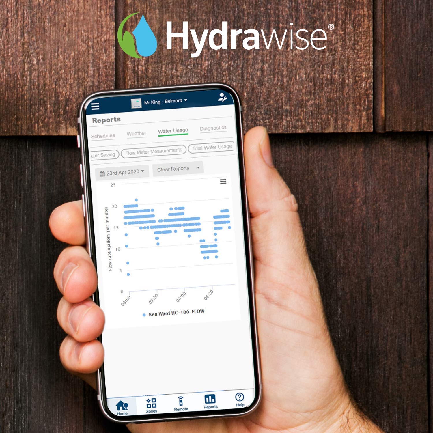 Hunter HC100FLOW wired to a Hydrawise controller showing easy integration benefit