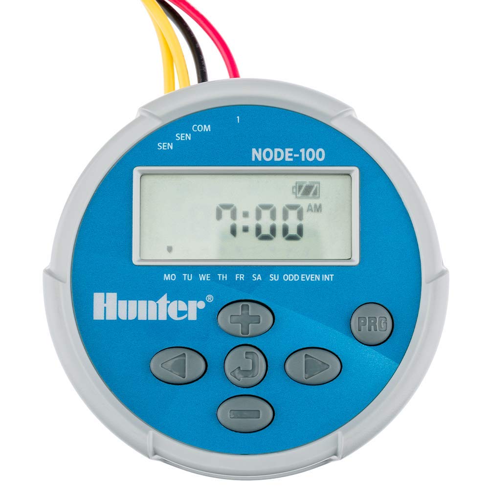 Hunter NODE-100 front view showing compact waterproof housing and clear controls for easy installation