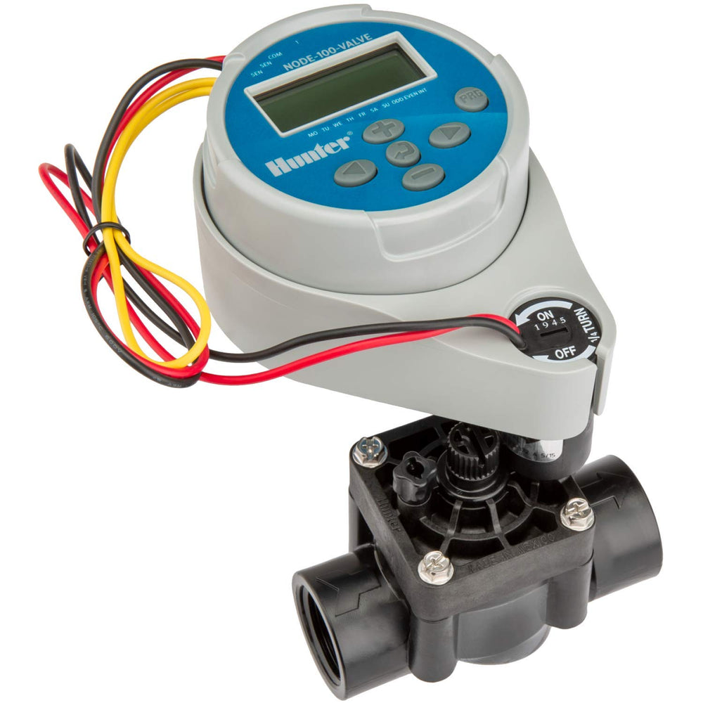 Hunter NODE-100-VALVE front view showing controller and installed valve for quick installs